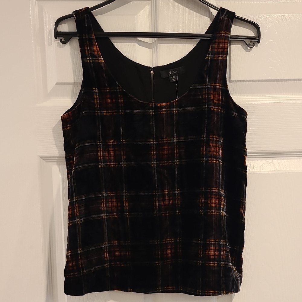 ❤️❤️J. Crew Velvet Tank Top in Black and Orange Plaid